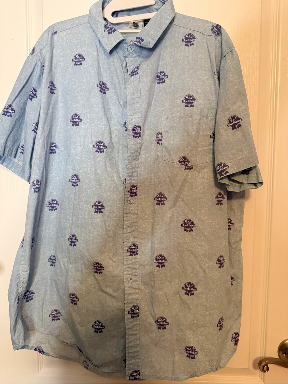 Men's Short-Sleeve Button-Up Shirt - Light Blue with Navy Print